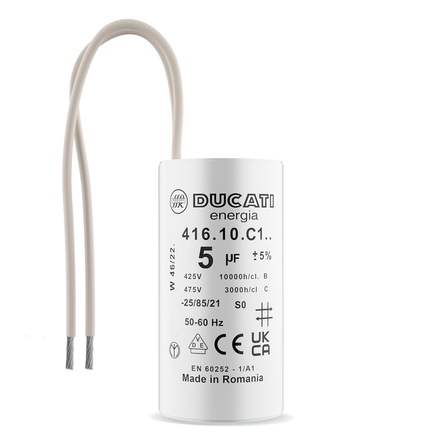 Condensateur Moteur Italfarad 5µF 450V - 28x56mm, Fils 15cm, Boulon M8