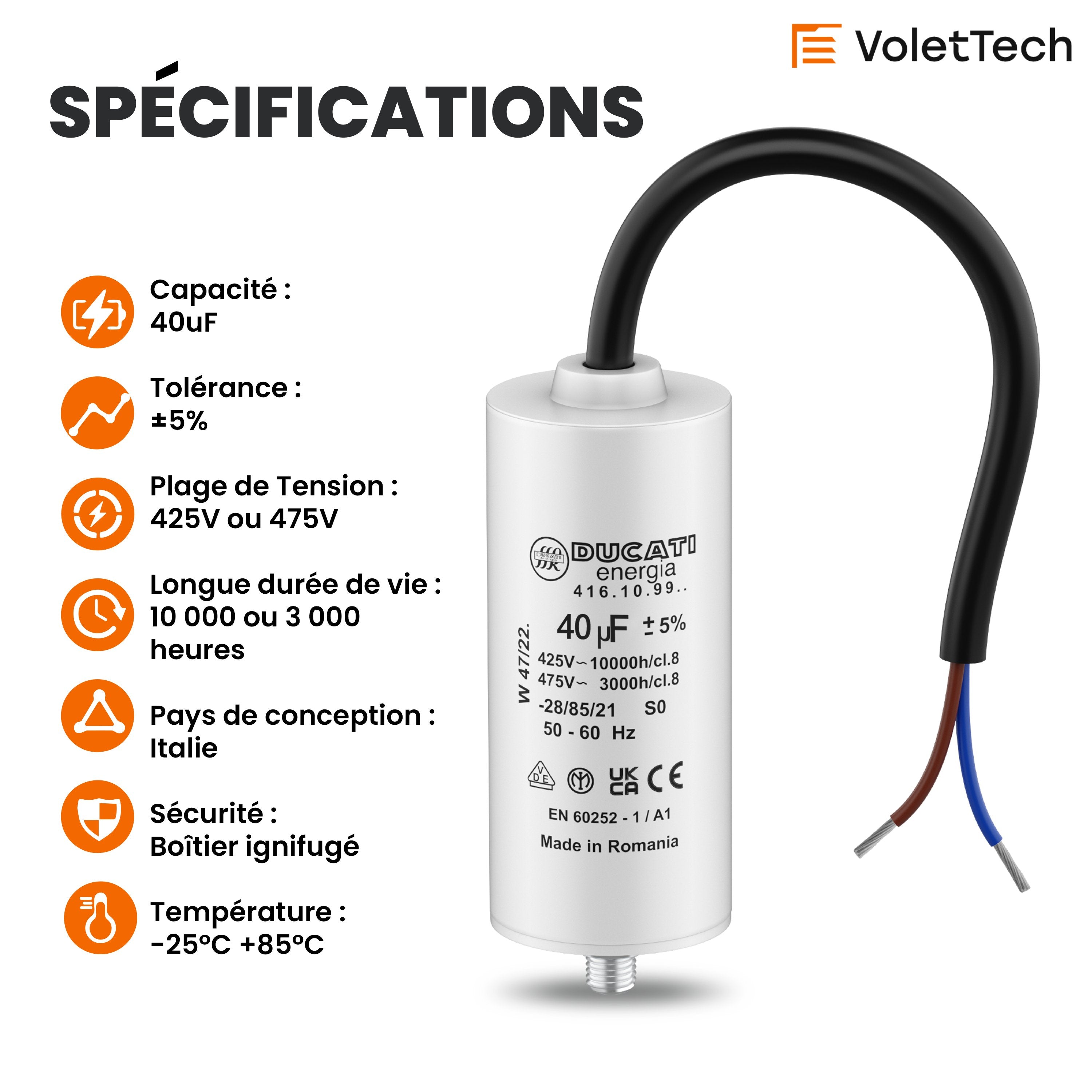 Spécifications Condensateur permanent 40uF à câbles pour moteur monophasé