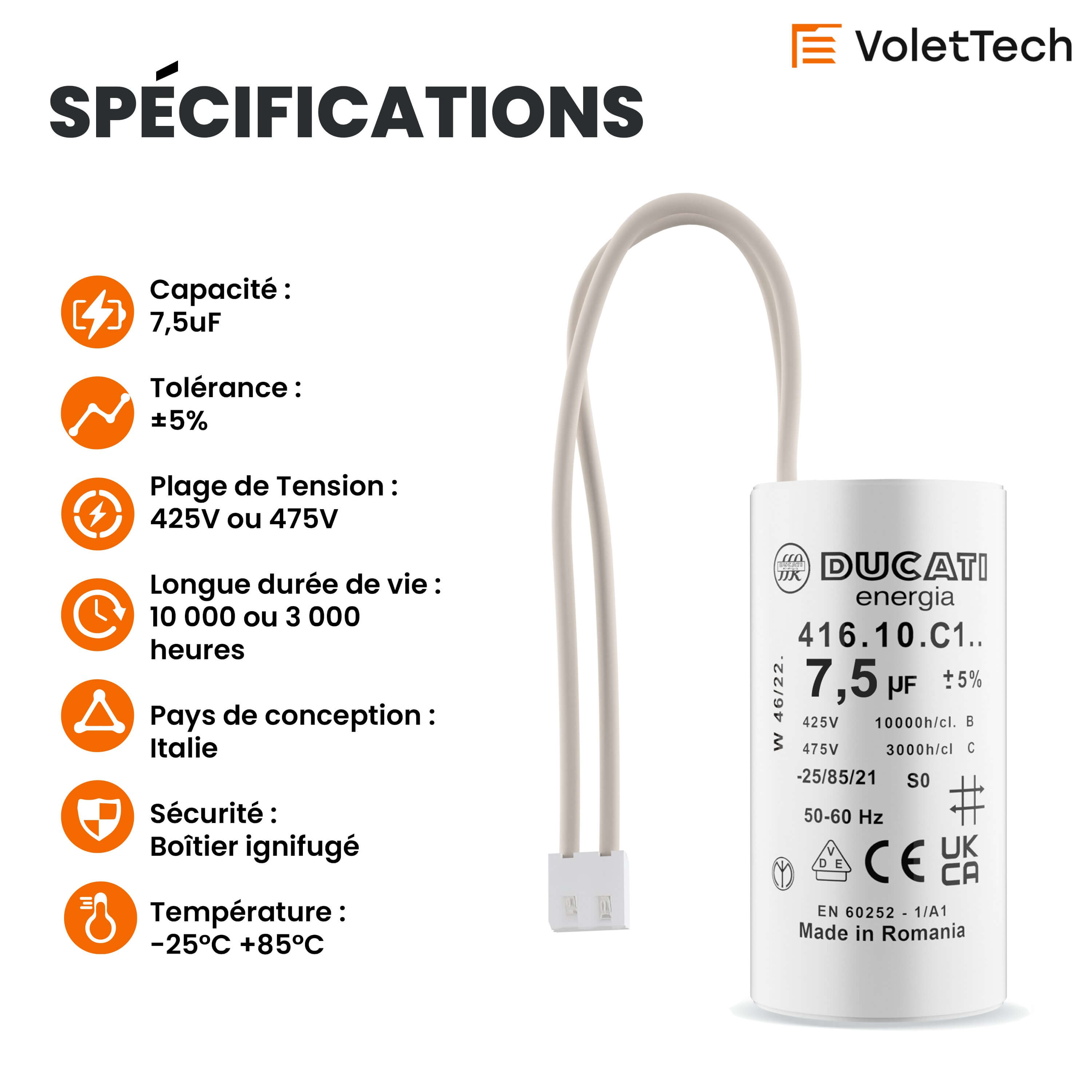 Spécifications condensateur 7,5uf pour volet roulant somfy