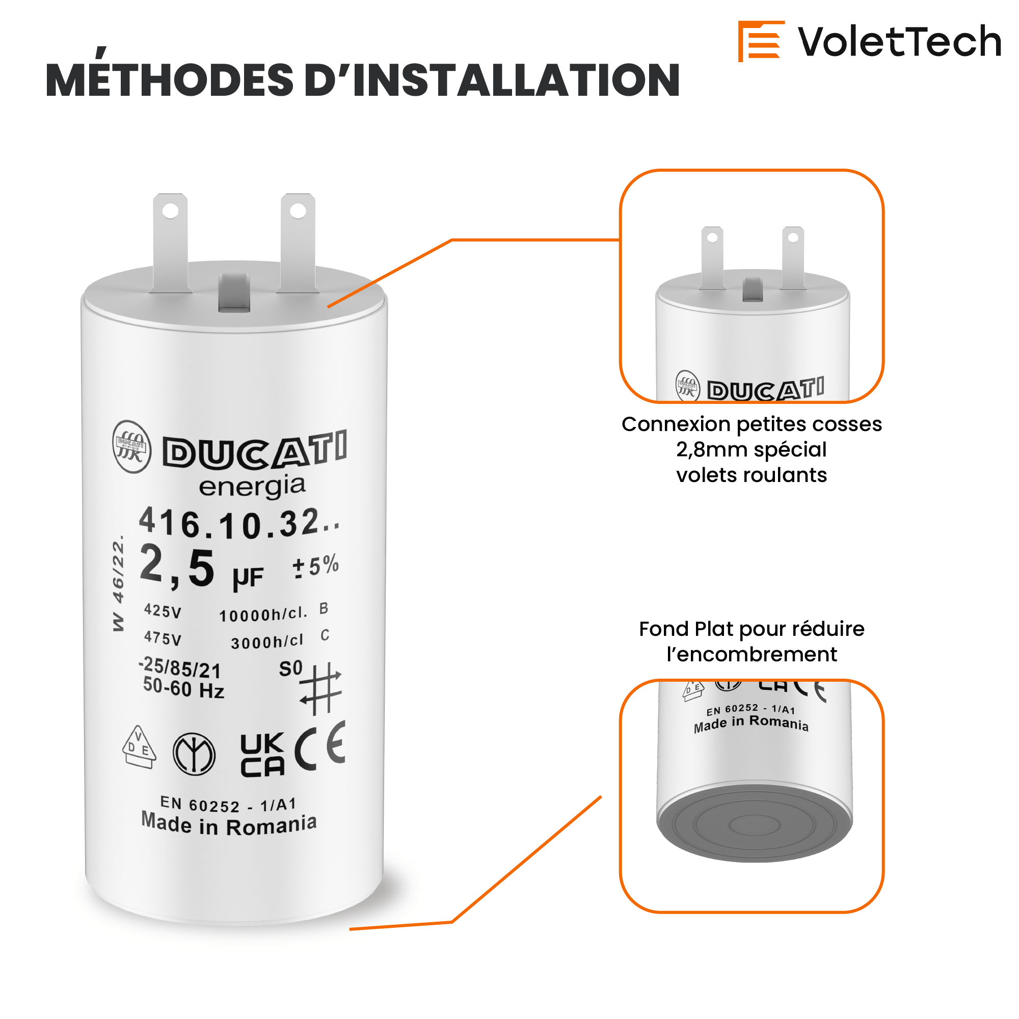 Condensateur 2,5uF pour moteur de volet roulant Somfy 6 Nm