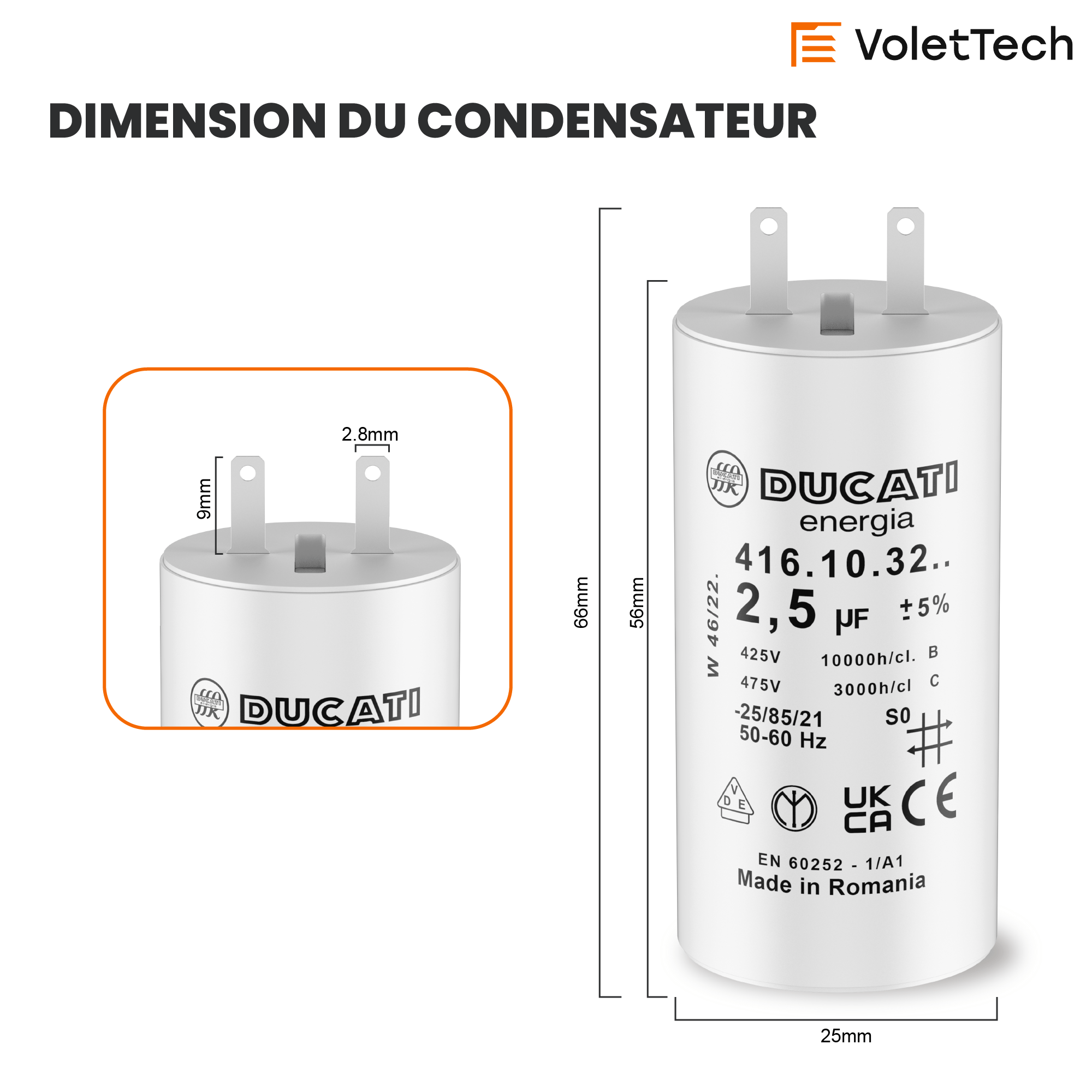 Condensateur 2,5uF pour moteur de volet roulant Somfy 6 Nm