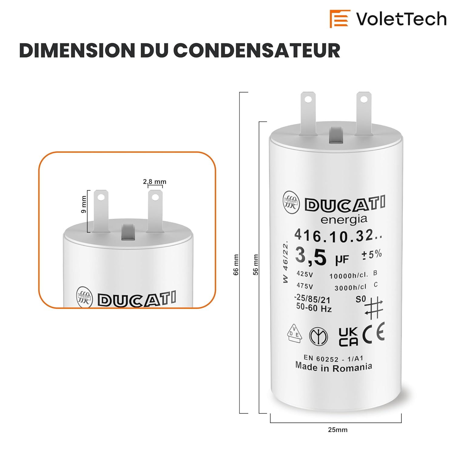 Condensateur 3,5uF pour moteur de volet roulant Somfy 8 à 10 Nm