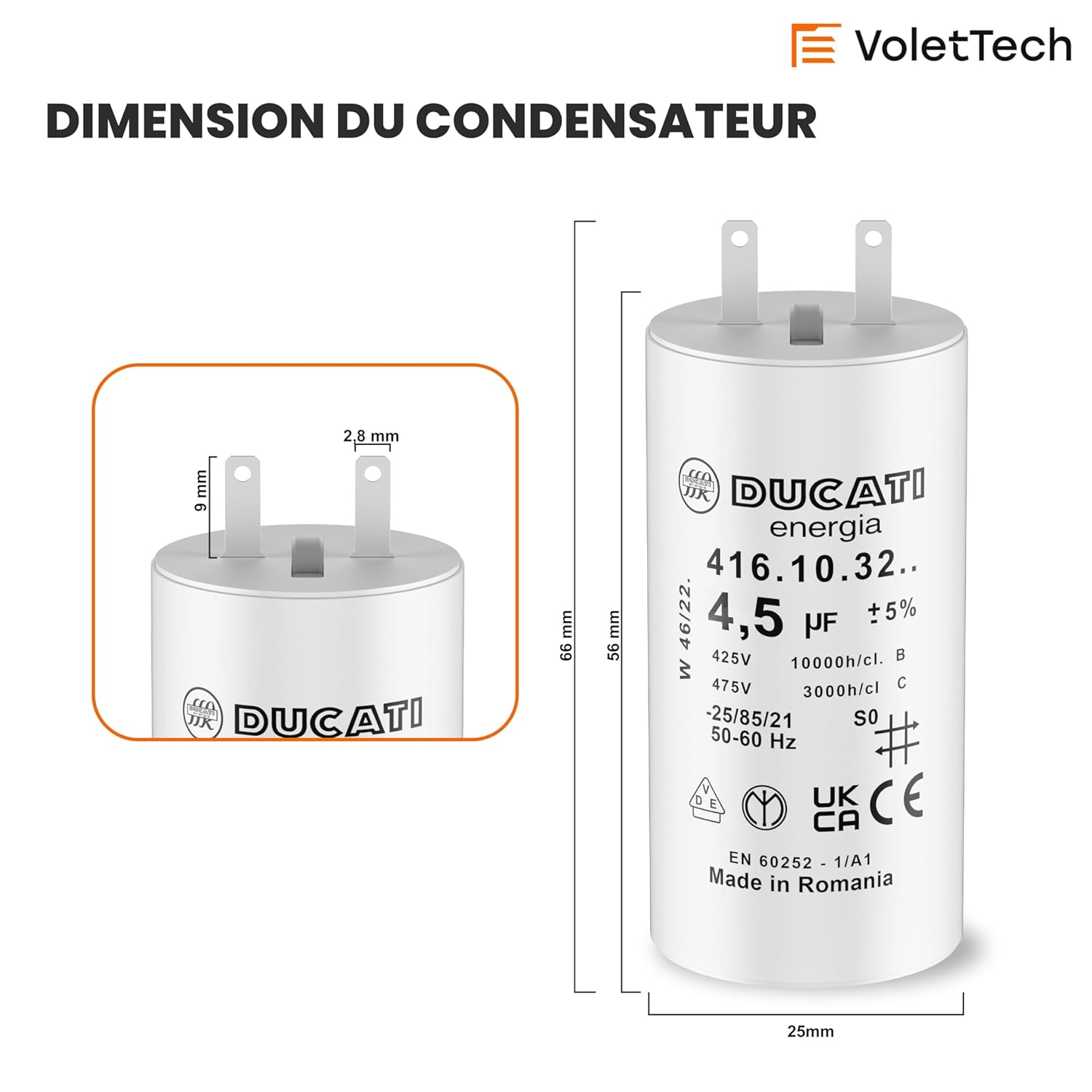 Condensateur 4,5uF pour moteur de volet roulant Somfy 15 à 17 Nm