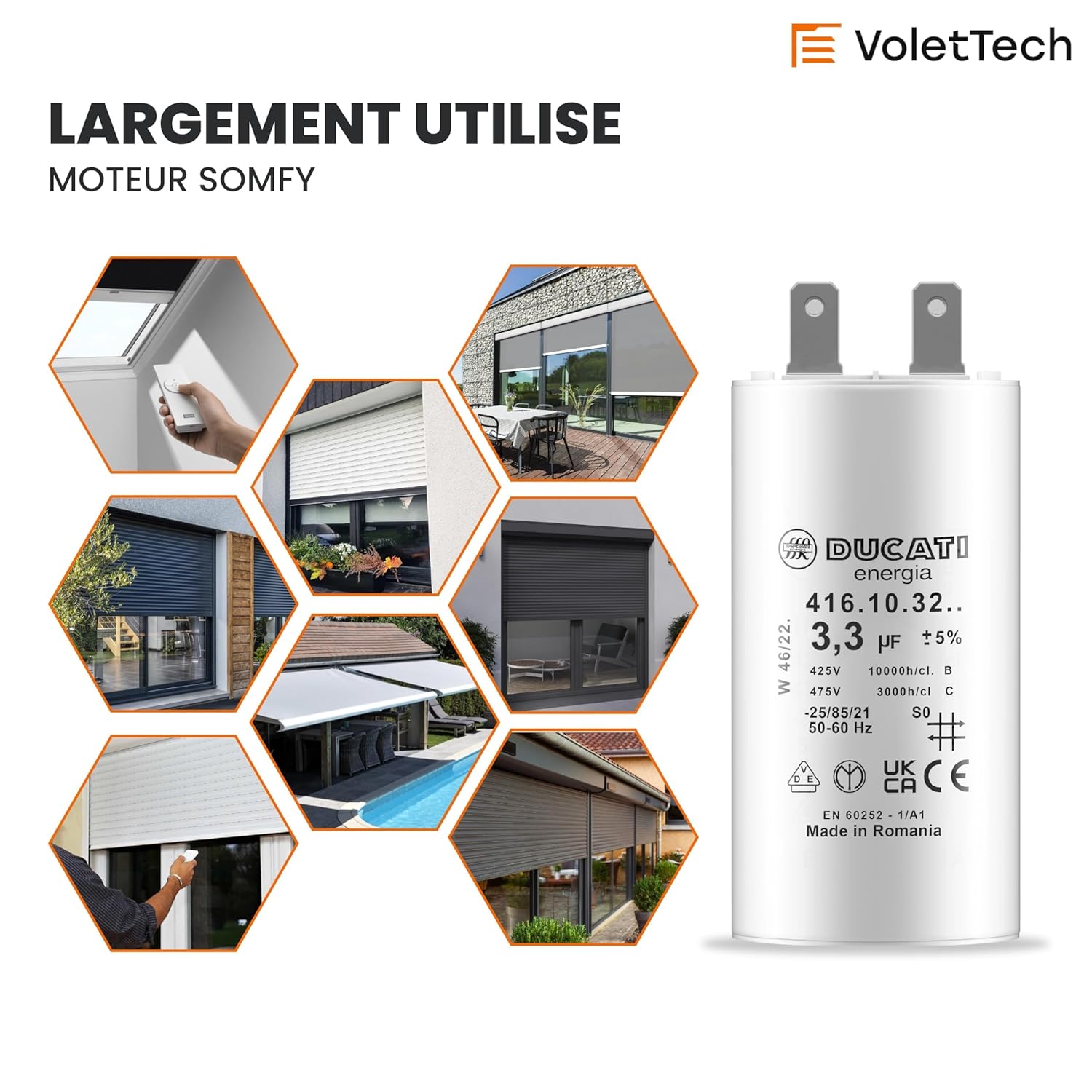 Condensateur 3,3uF pour moteur de volet roulant Somfy 8 à 10 Nm