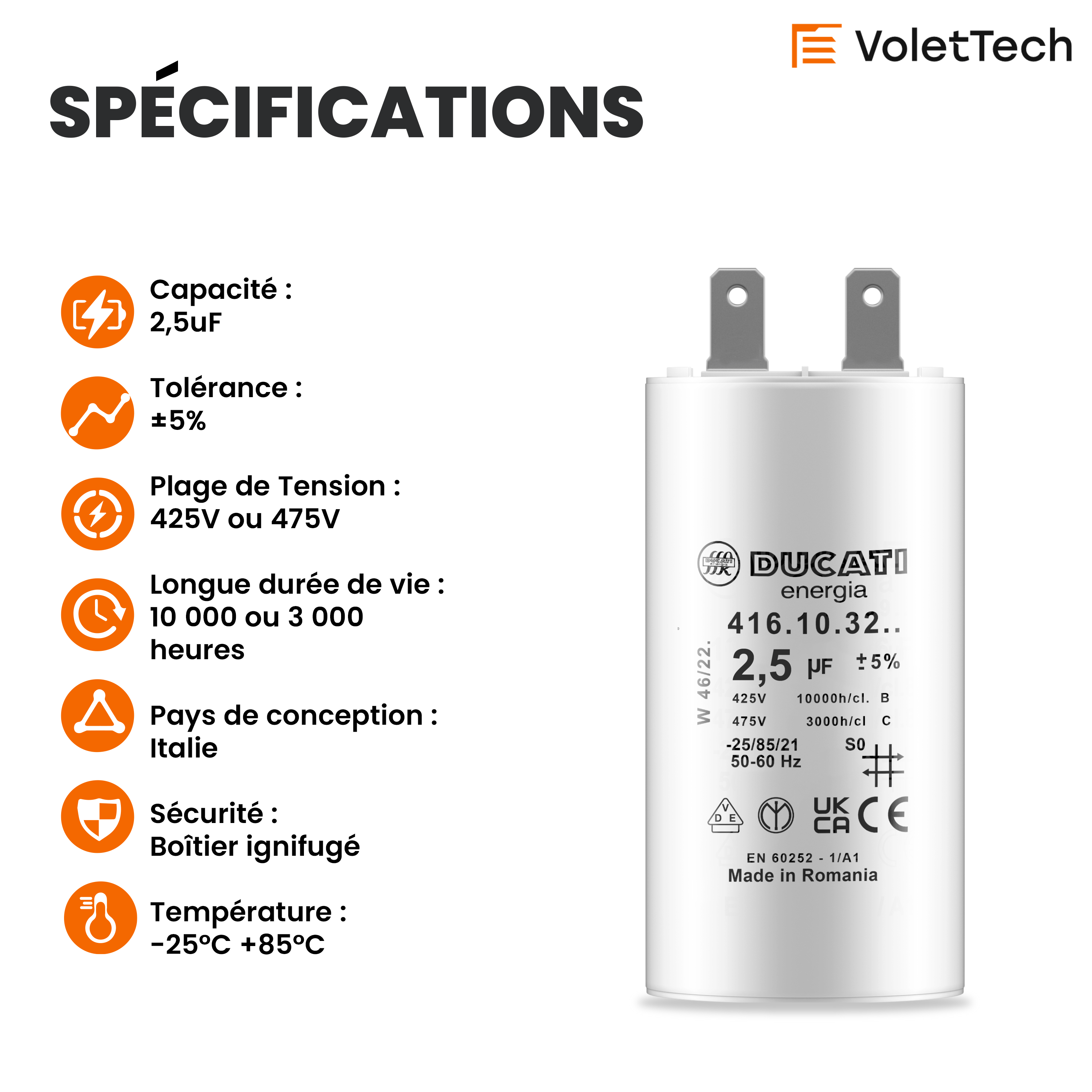 Condensateur 2,5uF pour moteur de volet roulant Somfy 6 Nm
