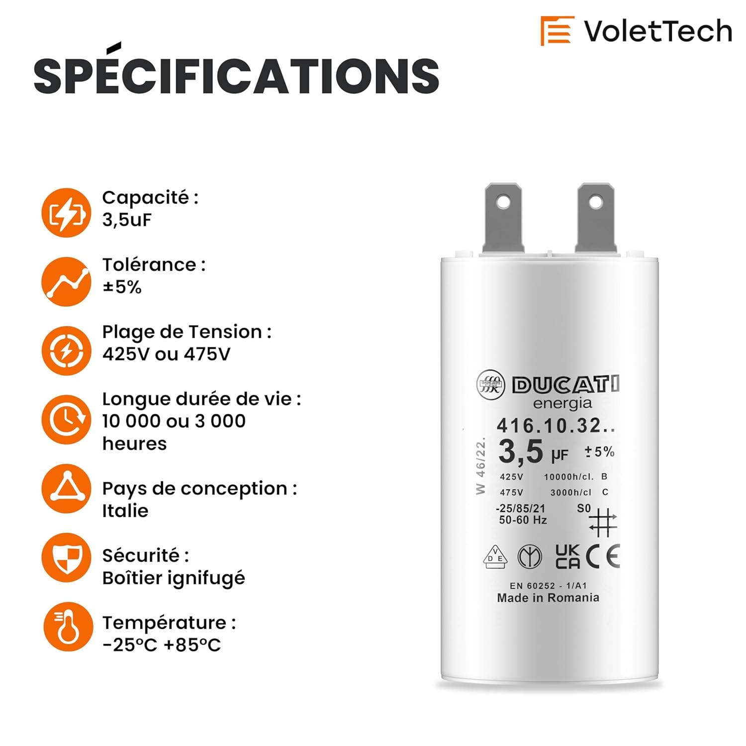 Condensateur 3,5uF pour moteur de volet roulant Somfy 8 à 10 Nm