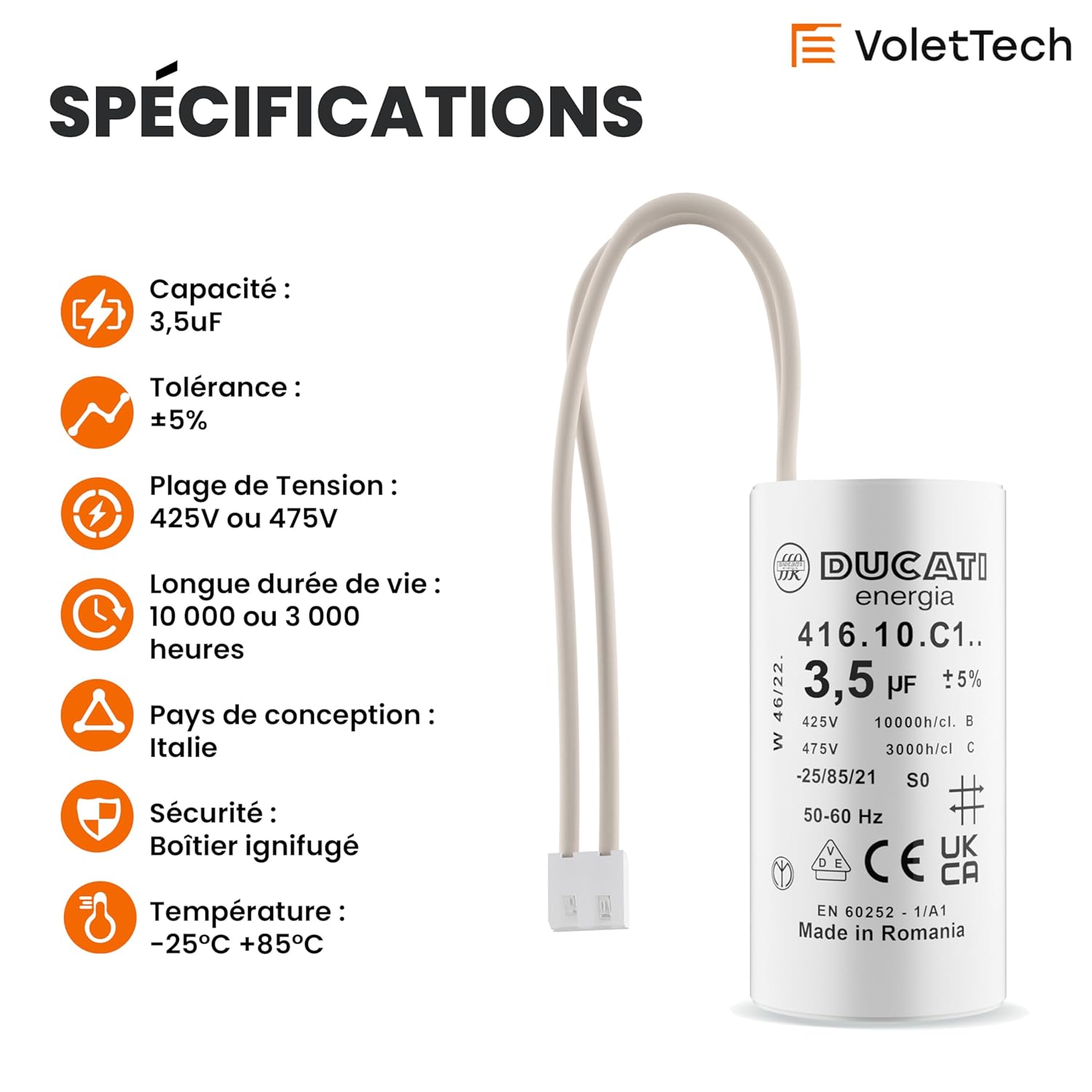 Condensateur 3,5uF fils moteur volet roulant Bubendorff