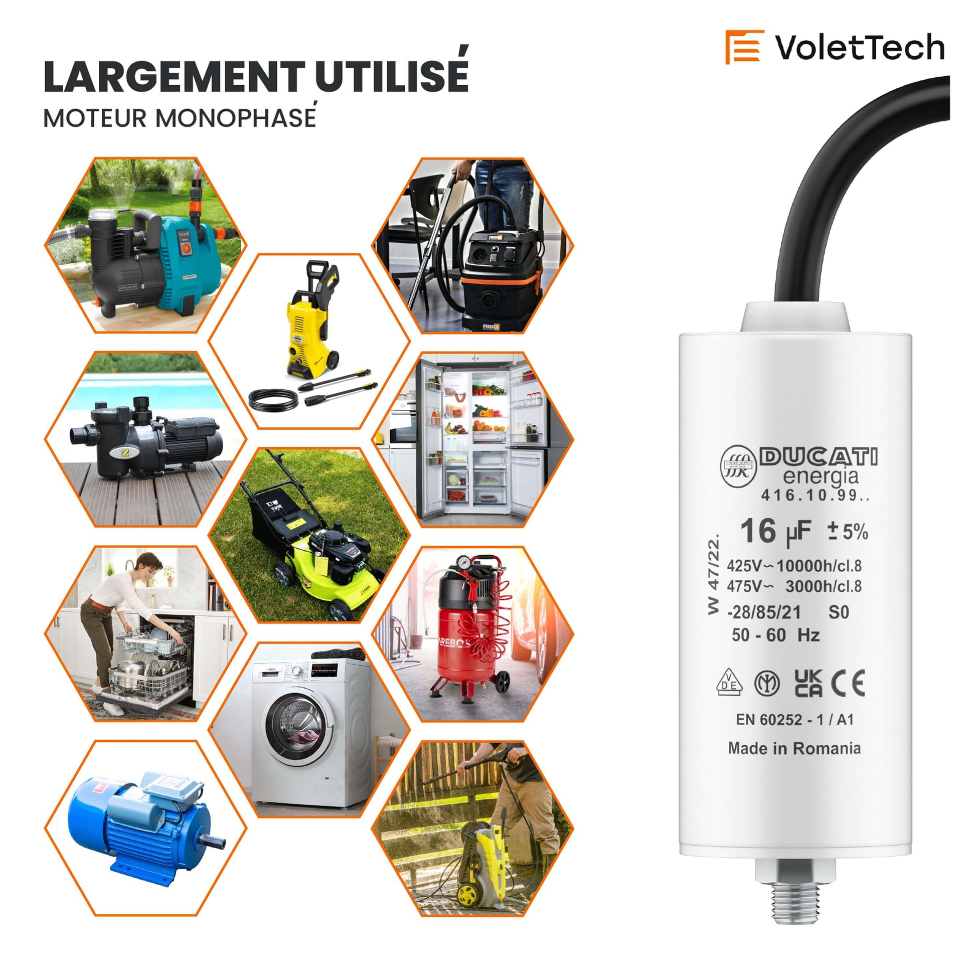 Condensateur permanent 16uF 450V à câbles pour moteur monophasé largement utilisé
