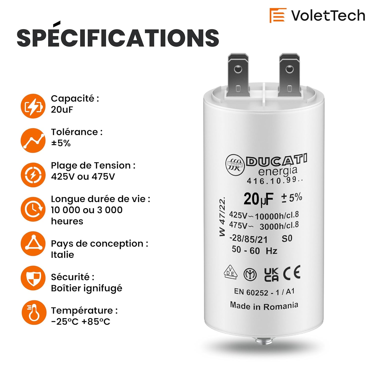 Spécifications condensateur 20uf pour moteur monophasé